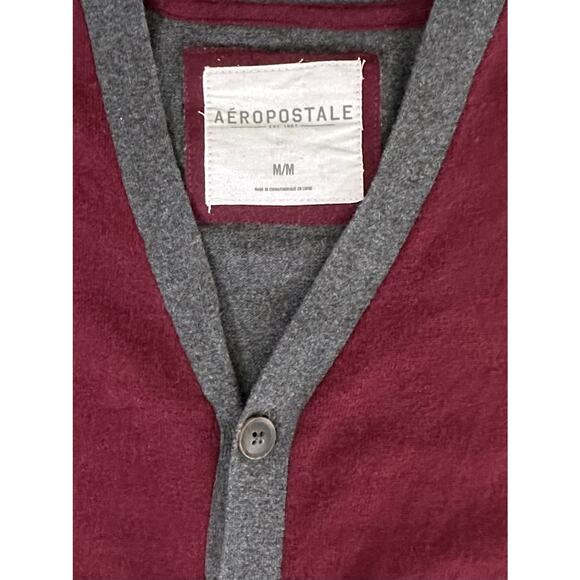 Aeropostale Mens Cardigan Sweater Size Medium Burgundy Gray Wool Blend Button Up - Picture 3 of 8